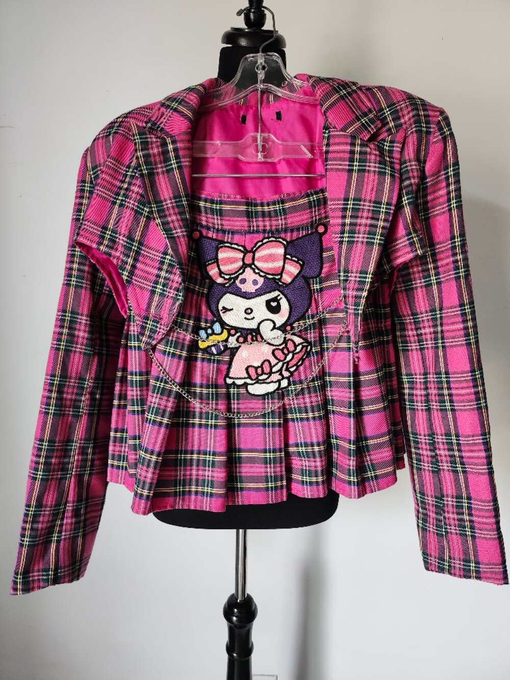 Kuromi Cupcake Pink Tartan Kilt + Crop Jacket w Wallet Chain
